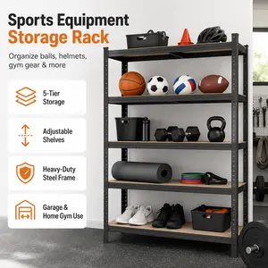 5-Tier Sports & Outdoor Gear Storage Rack, Adjustable Metal Garage Shelving Unit for Balls, Gym Gear, Camping Equipment, Shoes & Home Organization