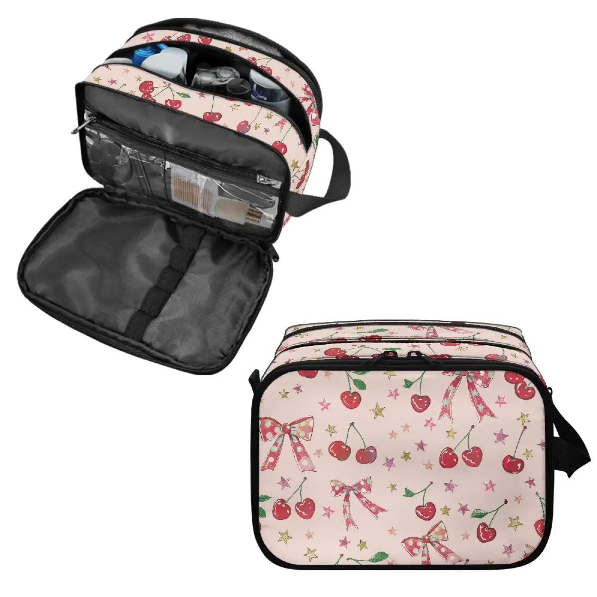 Travel Toiletry Bag for Women, Large Cherry Print Makeup Bag , Waterproof Portable Cosmetic Organizer for Skincare & Toiletries, Cute Pink Bow Travel Essentials storage