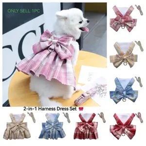 Plaid Dog Dress with Leash Set | Cute Bowknot Pet Harness Skirt | Breathable Puppy Clothes Outfits for Small Dogs & Cats (Girl) Clothing
