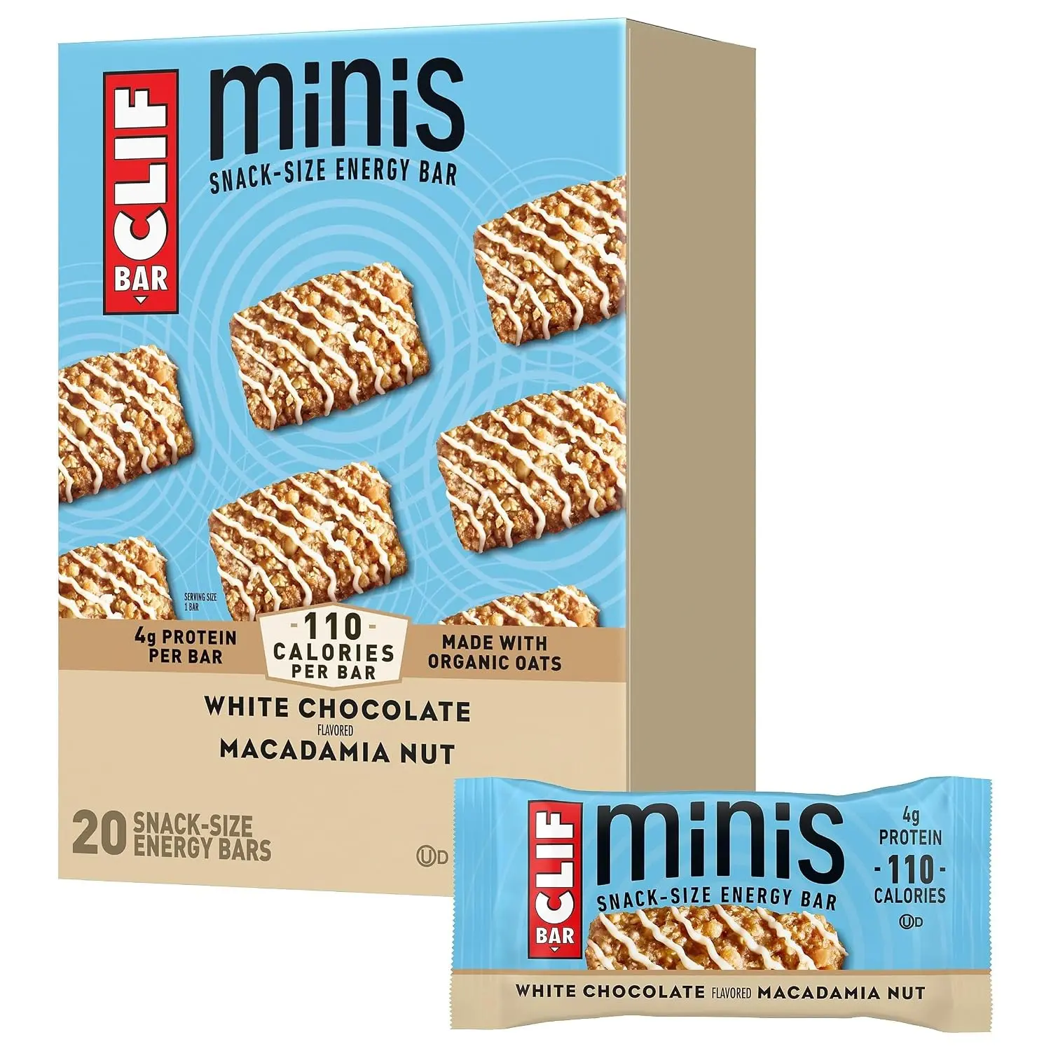 CLIF BAR Minis - White Chocolate Macadamia Nut Flavor - Made with Organic Oats - 4g Protein - Non-GMO - Plant Based - Snack-Size Energy Bars - 0.99 oz. (20 Pack)