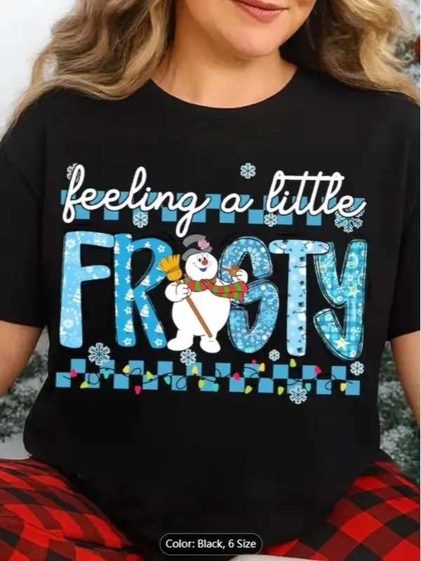 Feeling A Little FROSTY Christmas T-Shirt for Women - Fun Festive Design with Cartoon Snowman, Cursive Typography, and Colorful Fairy Lights - Perfect Holiday Gift for Friends and Family