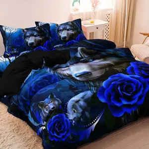 Wolf & Rose Print Bedding Set, 3 Counts/set Including 1 Duvet Cover & 2 Pillowcases without Filler, Soft Comfortable Bedding Set for Home Bedroom