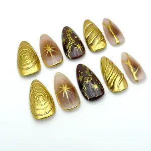 Brown and Gold Chrome Handmade Press On Nails Custom Gel - Almond Shape, Custom Sizing Available, Handmade, Gel Finish, Nail Glue Included