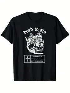 Men'S Vintage Christian Graphic T-Shirt - Dead to Sin Christ Crown of Thorns Skull & Cross Design with Romans 6:11 Bible Verse, 180g Heavyweight 100% Comfort Fit Round Neck Short Sleeve Casual Faith Apparel, with Print (S-XXXL) - Christian Gif