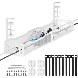 Management, 25''  Management Under Desk No Drill, Metal Cord Organizer with Clamp for Standing Desk,  Organizer for  Office, White