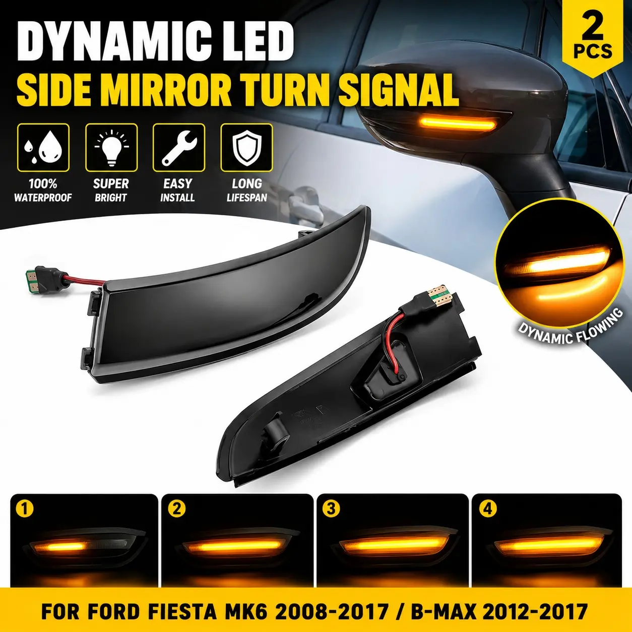 💡🚗 2 PCS LED Sequential Side Mirror Turn Signal Lights, Dynamic Amber Side Indicators with Smoked Lens, CANBUS Error-free & Plug and Play, Compatible with Ford Fiesta MK6/MK7 2008-2019 and B-Max 2012-2017