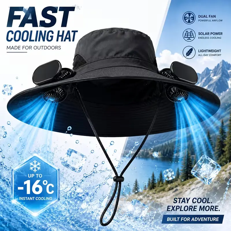 Unisex Wide-Brim Fan-Shaped Solar-Powered Hat with Dual-Fan Cooling System, Adjustable Airflow for Summer Travel, Gardening, Outdoor Activities