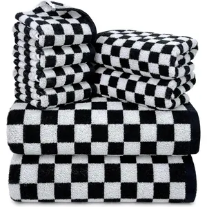 Black and White Towels Set of 8, Cute Checkered Towels for, 2 Bath, 2 Hand, 4 Washcloths, Cotton