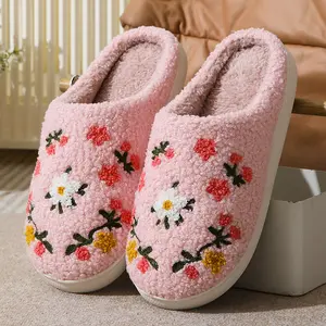 Cute Flower House Slippers for Women Indoor, Bedroom, Plush Cotton, Non-Slip Soft Sole, Winter Warm Slides,