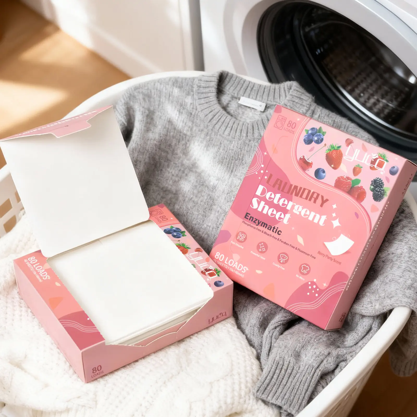 Scented Berry Enzymatic Laundry Sheets - 40 Sheets for 80 Loads, Eco-Friendly Biodegradable Plastic-Free Strips, Free of Phosphorus Bleach Parabens Fluorescers, Fast-Dissolve for Baby & Home Laundry Use, Fast-Dissolving, Phosphate-Free, Enzymatic Laundry