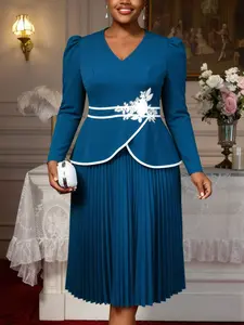 AOMEI Women's Elegant Applique Long Sleeve Pleated Dress V Neck Peplum Midi Spring Wedding Guest Dresses Church Outfits
