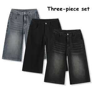 3-Pack Baggy Denim Shorts Vintage Faded Wash Jorts for Streetwear Hip Hop Skater Loose Fit Multicolor Set for Summer Casual