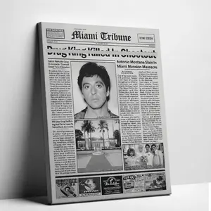 Scarface Tony Montana Canvas Wall Art, Al Pacino Movie Poster Print, Vintage Newspaper Style Film Wall Decor for Bedroom Living Room Office