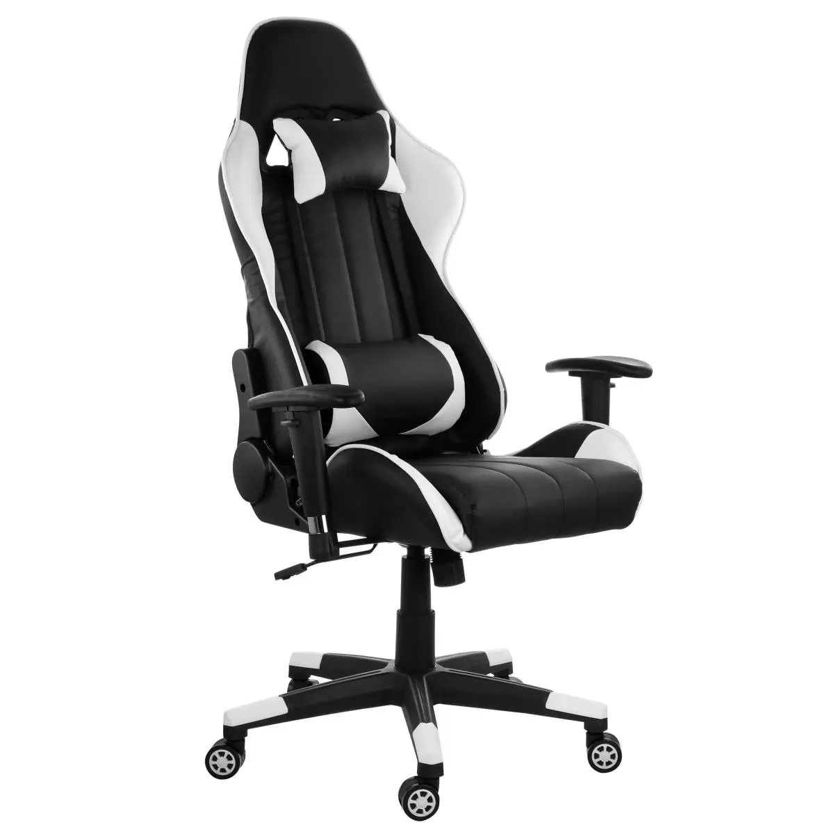 212 MAIN Ergonomic Computer Gaming Chair - GameFitz Design, Black with White Trim, Pleather Upholstery, Head Pillow, Office Use