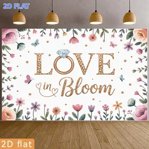 2D Flat Banner 1pc, [ for Party Backdrop] Banner, Love in Bloom Golden Glitter Ring Floral Butterfly Polyester Backdrop, for Party Decor Farm, Garden, Home, Room, Club, No Electricity Durable Polyester Fabric
