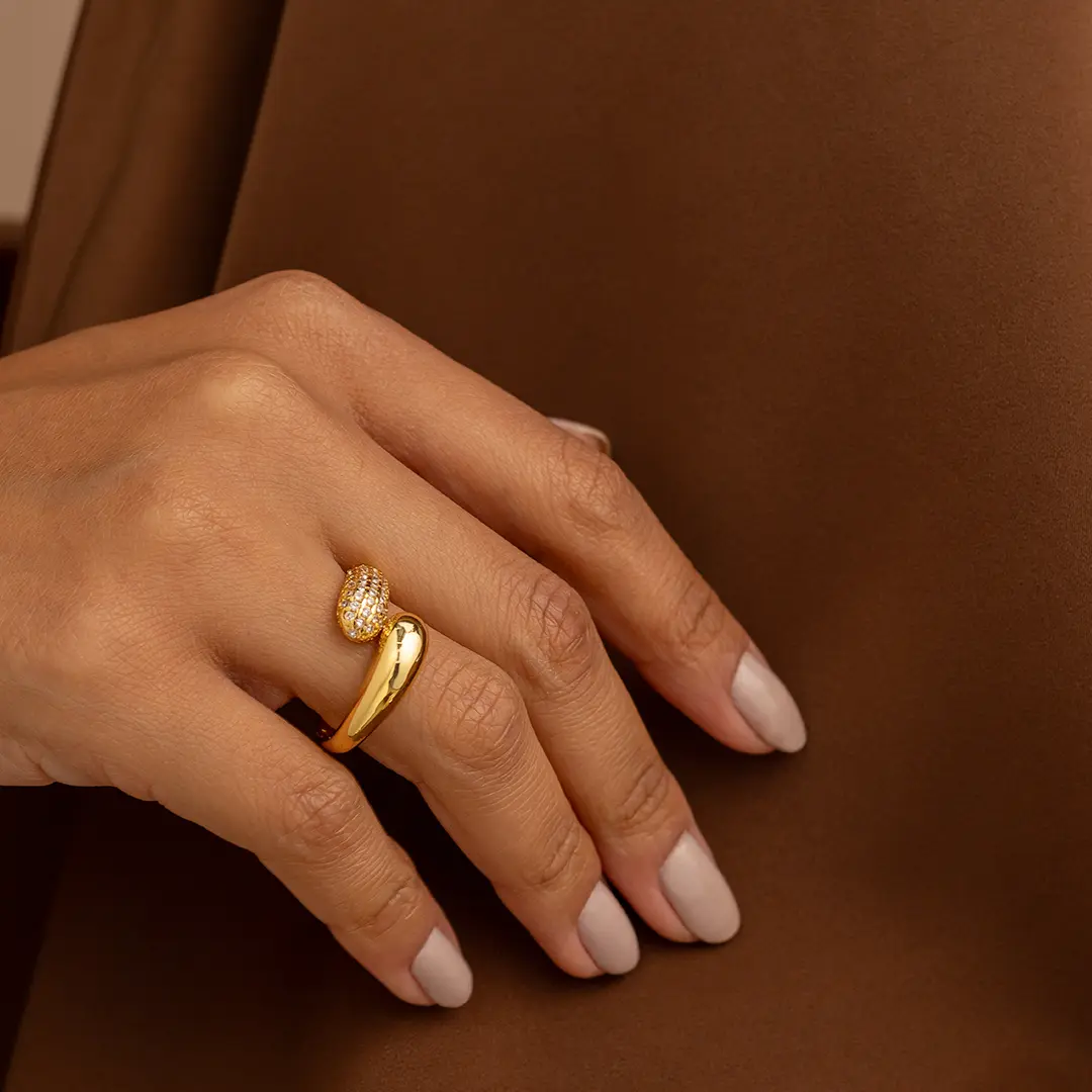 Women's 18K Gold Plated Adjustable Open Ring - Micro Zirconia Pave, Polished Dome, Dual Design Statement Costume Jewelry