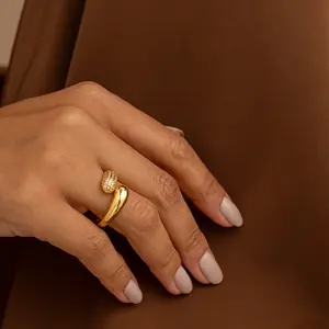 Women's 18K Gold Plated Adjustable Open Ring - Micro Zirconia Pave, Polished Dome, Dual Design Statement Costume Jewelry