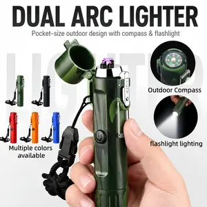 Outdoor waterproof lighter with emergency lighting, dual arc rechargeable lighter, and compass.
