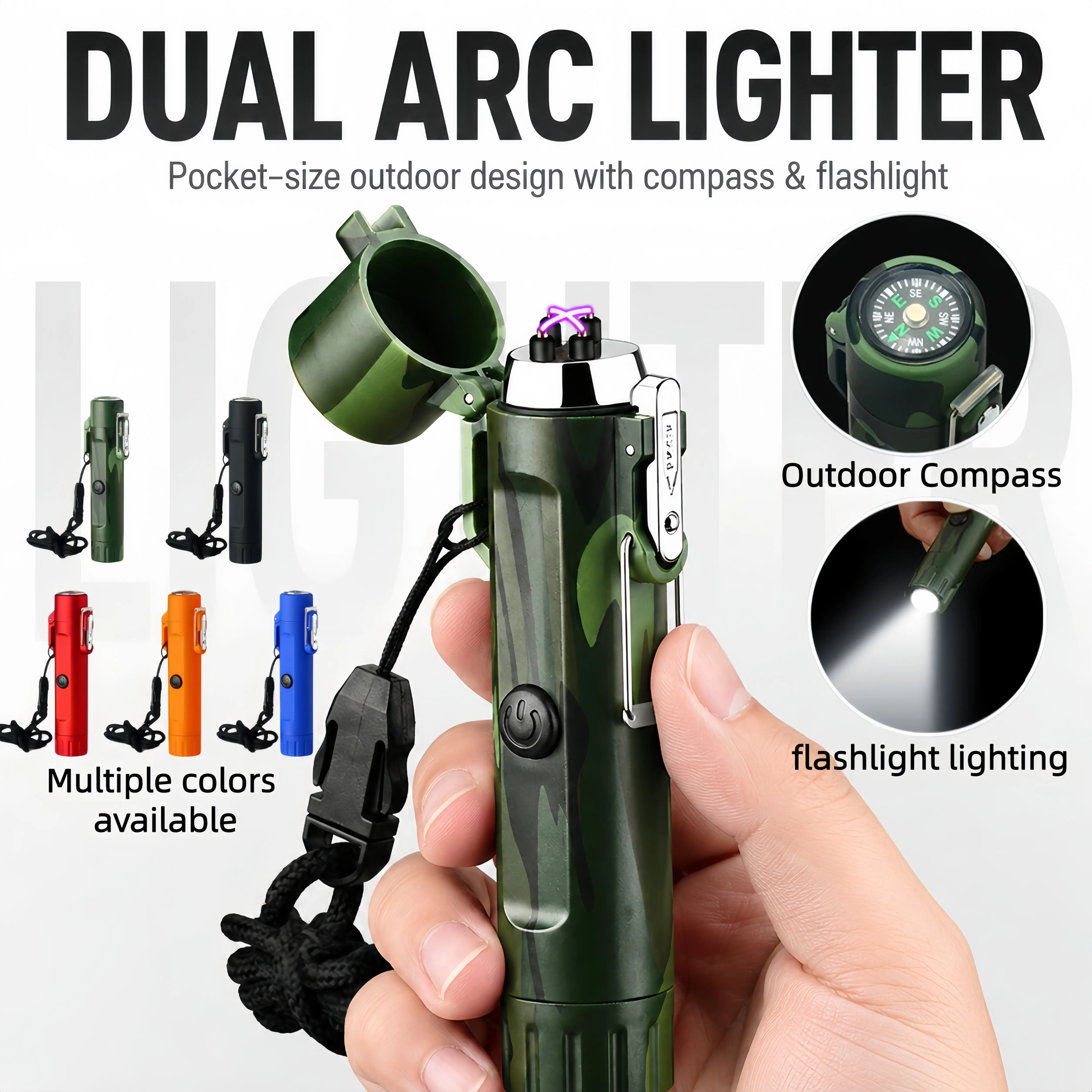 Outdoor waterproof lighter with emergency lighting, dual arc rechargeable lighter, and compass. High-Lumen Flashlight dad memorialday