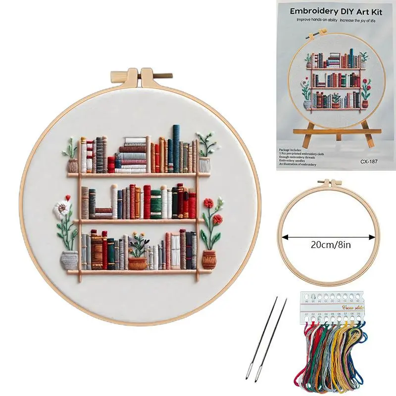 Book & Potted Plant Pattern Embroidery Kit, 1 Set DIY Embroidery Kit with Tools, Cross Stitch Kit for Beginners, DIY Embroidery Supplies, Embroidery Craft, Handicraft