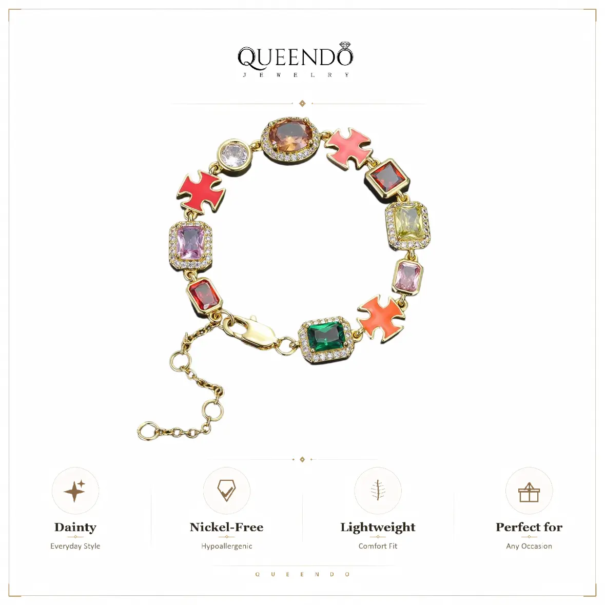QUEENDO Cross Drip Oil Colored Cubic Zirconia Copper Chain Bracelet,Geometric Cube Design Hip-Hop style Bracelet,gift for party and special occasions ,fashion bracelet