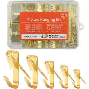 152 count Picture Hanging Kit, Picture Hangers 10lb, 20lb, 30lb, 50lb, 100lb Hooks with Nails, Heavy Duty Photo Frame for Pictures, Painting ,Mirror, Wall Art Mounting on Drywall, Wooden Wall