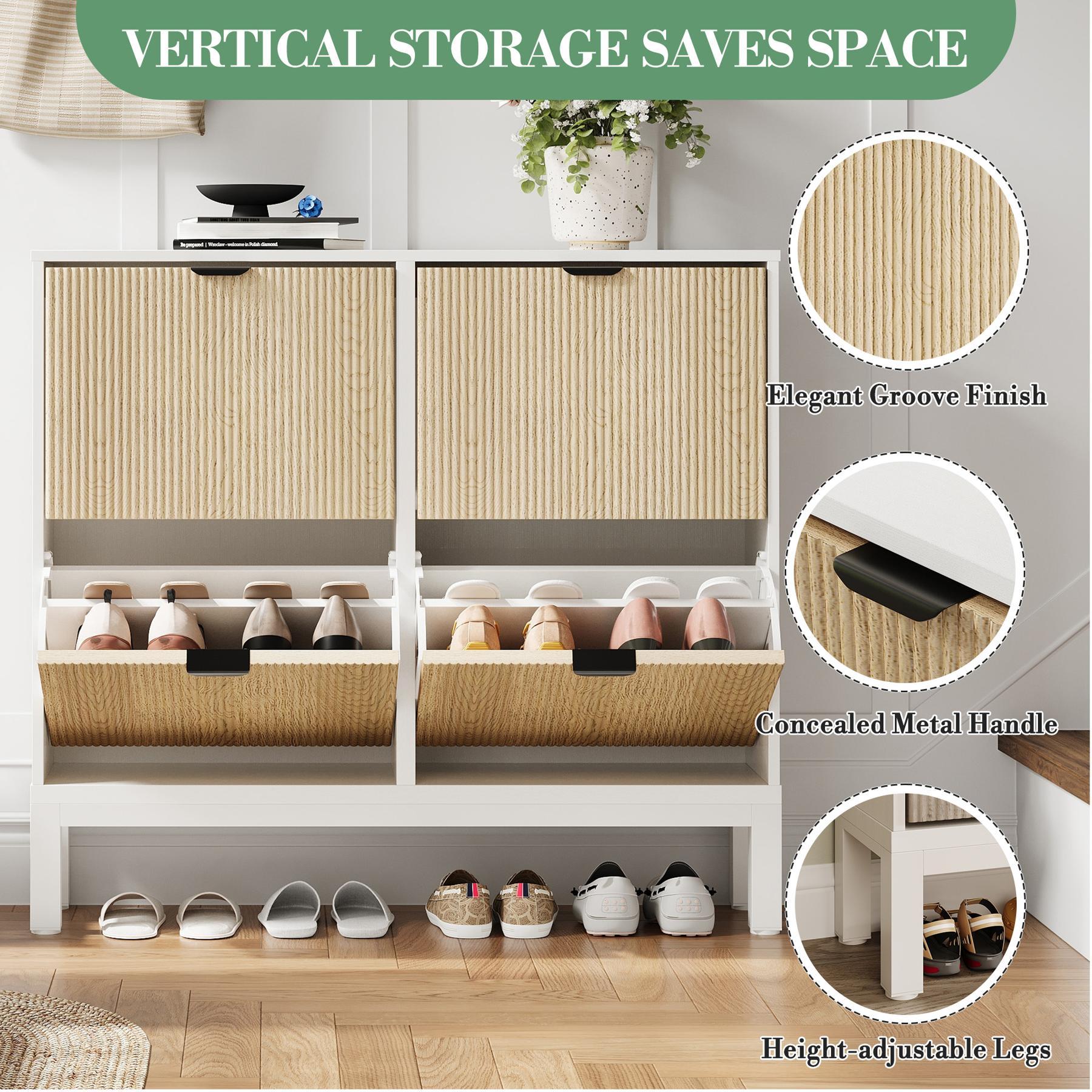 Modern Fluted Shoe Storage Cabinet – 4 turn Drawers, Narrow Wooden Shoe Organizer, Hidden Freestanding Entryway Shoe Rack with Metal Legs, Sleek Storage for Hallway or Foyer, White + Gray / Black + Oak