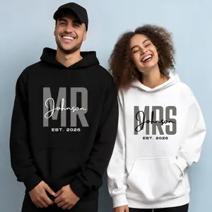 Couple's Valentine Personalized MR & MRS Johnson EST.2026 Matching Hoodie Set Soft Comfortable Fabric Romantic Wedding Vibe Pattern for Autumn Winter Men's Hoodie with Hood Drawstring Ribbed Hem Cuffs Side Pockets