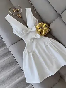 French Chic Bow Waist Summer Dress, Deep V Neck Sleeveless A-Line Short Skirt, Perfect for Birthday, Date, Beach Vacation, Girl Friends Party, Instagrammable
