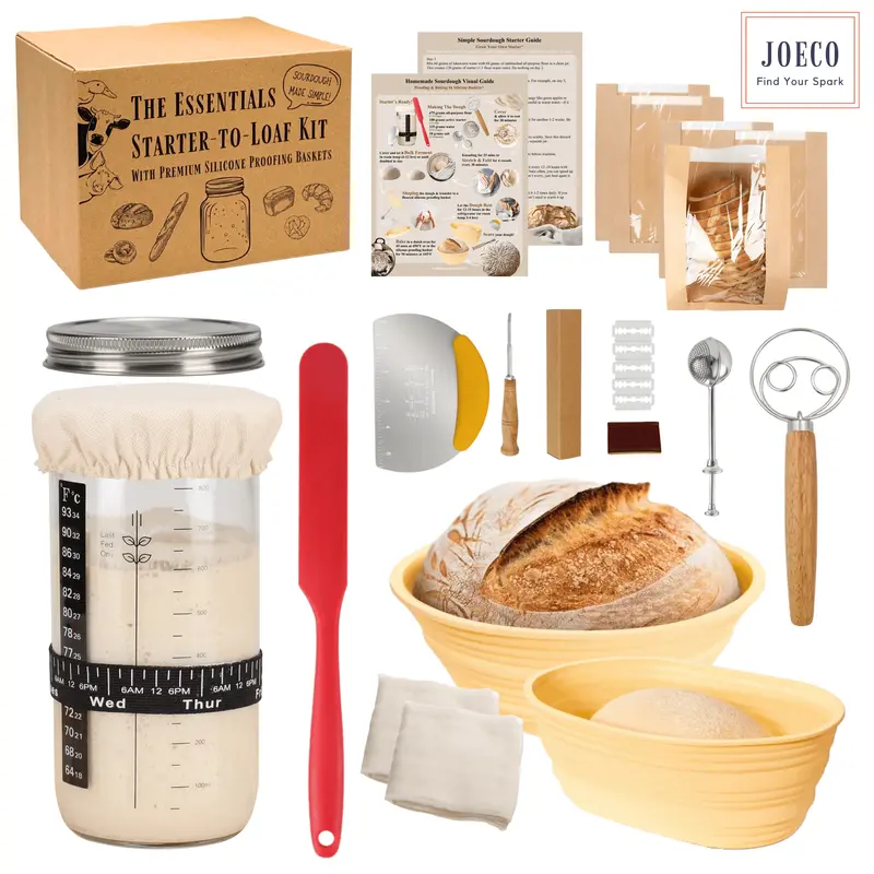 Sourdough Starter-To-Loaf Kit, Premium Silicone Oval & Round Bread Proofing Basket Set, Easy Baking Instructions, Complete Sourdough Kit, 34oz Sourdough Starter Jar With Accessories, Silicone Spatula, Danish Whisk, Dough Scraper, Scoring Knife, Bread Bags