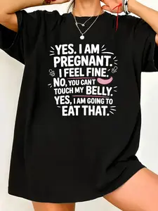 Humorous Maternity Announcement T-Shirt - Loose-Fitting Top Featuring 'Yes, I'M Expecting' Print - Made from Soft, Breathable Material - Witty Phrase for Pregnancy Reveal Attire - Casual Style - Machine Wash Safe - Black Shirt with White Writing - I