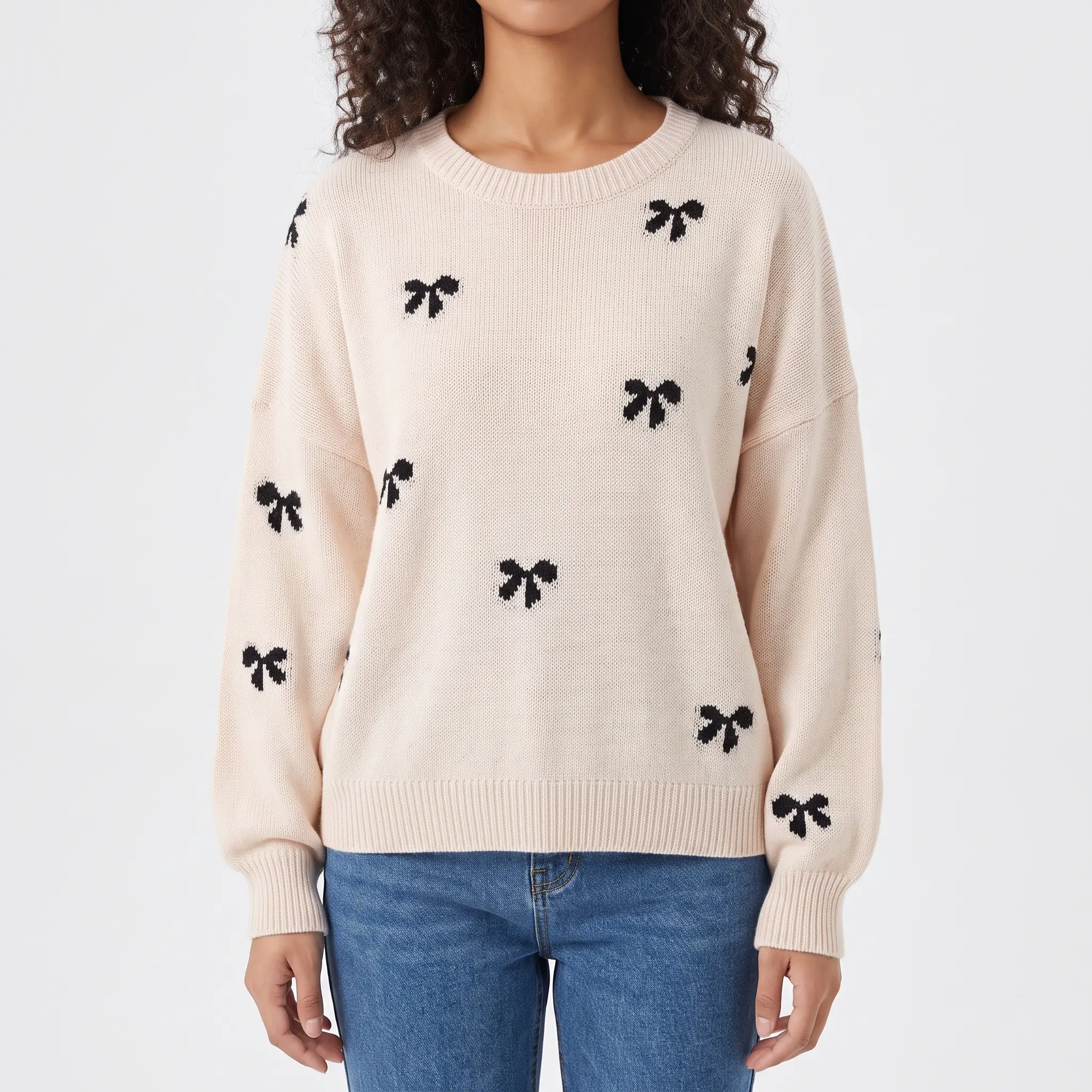 Cute Black Bow Print Pink Sweater - Women's Casual Long Sleeve Round Neck Knit Pullover Y2K Outfit Fashion Knitwear