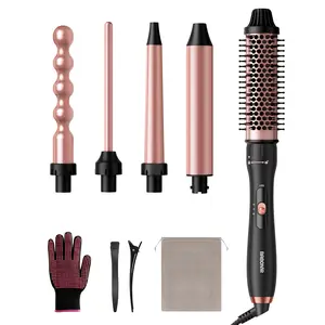 BABONIR 5-in-1 Multi Hair Styler: Curling Wand Set with Thermal Brush & 4 Interchangeable Ceramic Barrels (0.35"-1.25"); Includes Styling Glove, Clips; Dual Voltage Travel Curling Iron; Excellent Gift for Women.