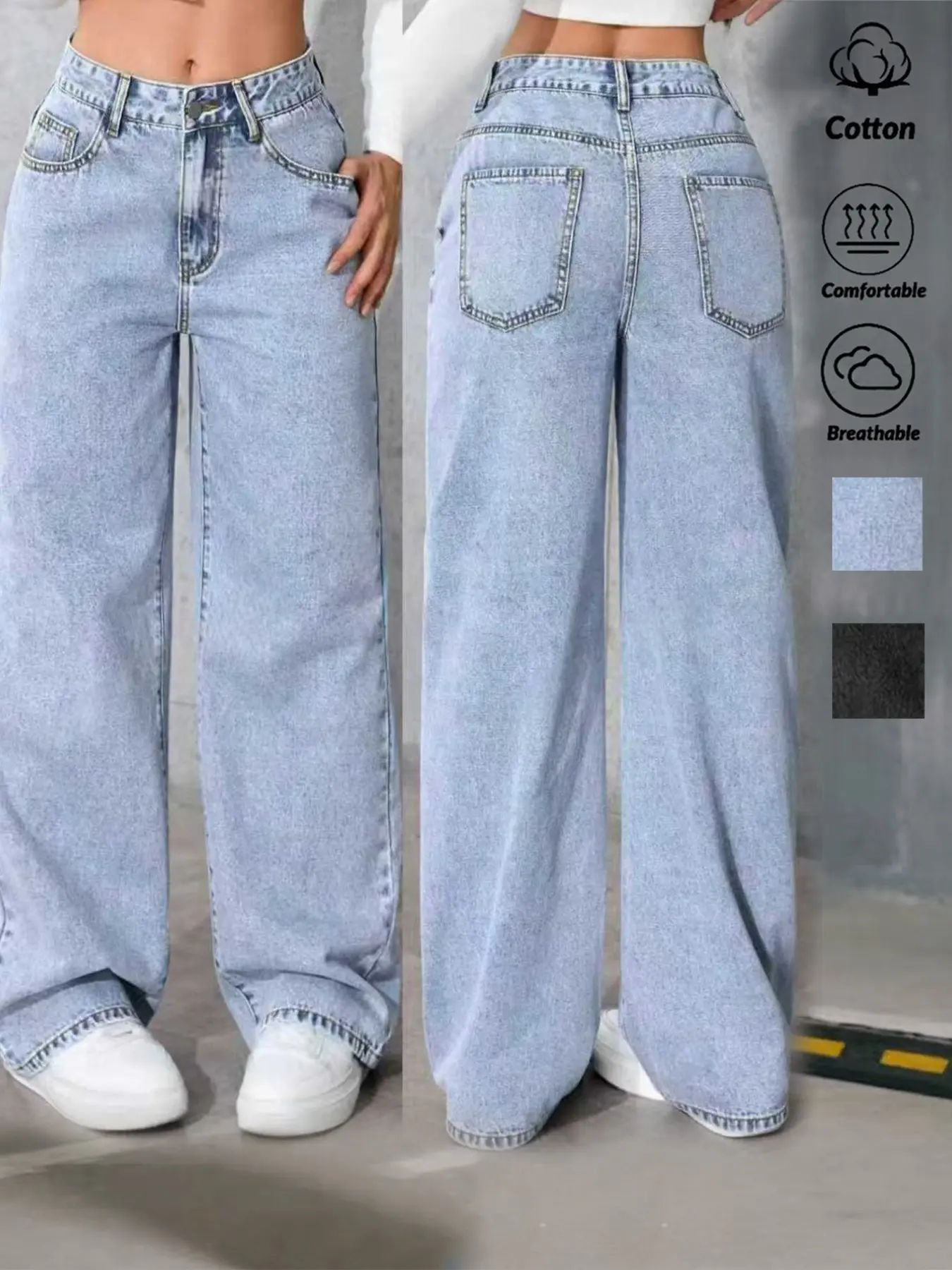 High Waist Blue Light Wash Wide Leg Baggy Denim Jeans for Women, High Waisted Jeans, Multi-Functional Loose Fit, Button Detail, Pocket, College Style Fashion Bottoms