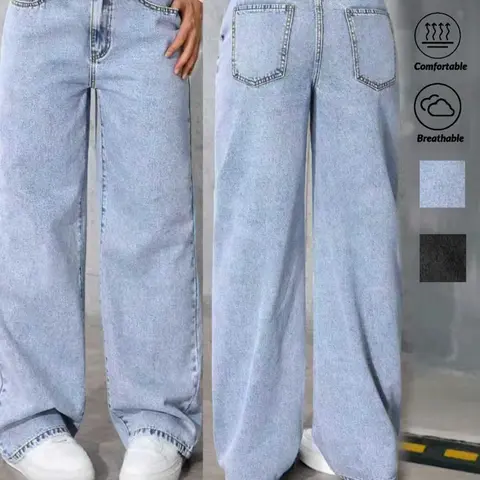High Waist Blue Light Wash Wide Leg Baggy Denim Jeans for Women, Pants with Pockets, High Waisted Jeans, Multi-Functional Loose Fit, Button Detail, Pocket, College Style Fashion Bottoms