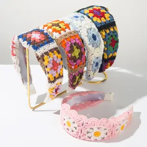 Bohemian Knit Headband for Women, Floral Lace Crochet Hair Band, Vintage Chic Hippie Festival Headpiece, Handmade Crochet Boho Hair Accessory