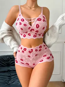 Women's Lip Lace Lingerie Set Matching, Cross Strap Push-Up Bra with High Waist Panties, Ultimate Comfort, Fit and Sexiness, Date Night Essential