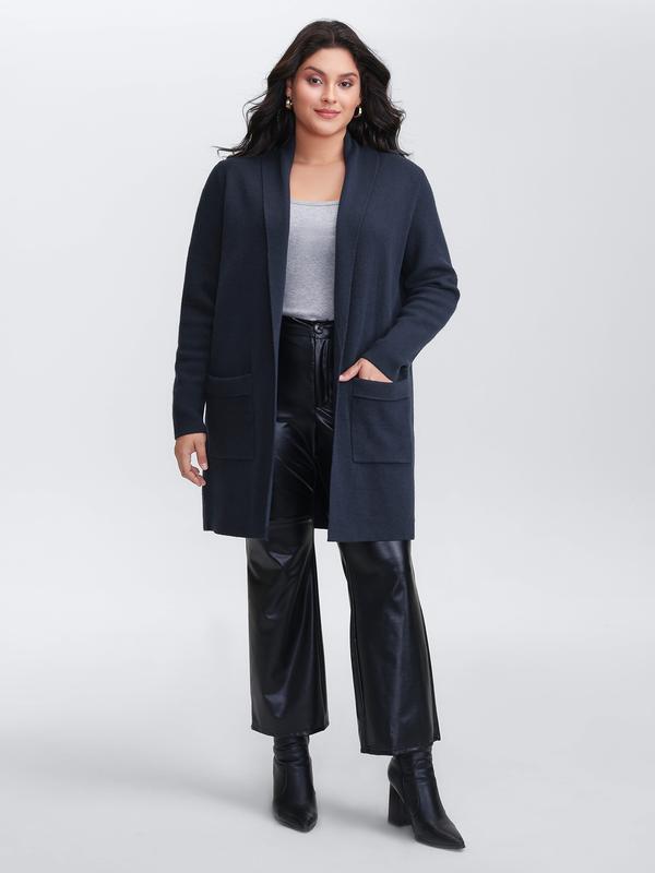BLOOMCHIC Supersoft Indigo Kimono Collar Open-Front Knit Cardigan with Pockets for Women Loose Fit High Stretch Tunic Sweater