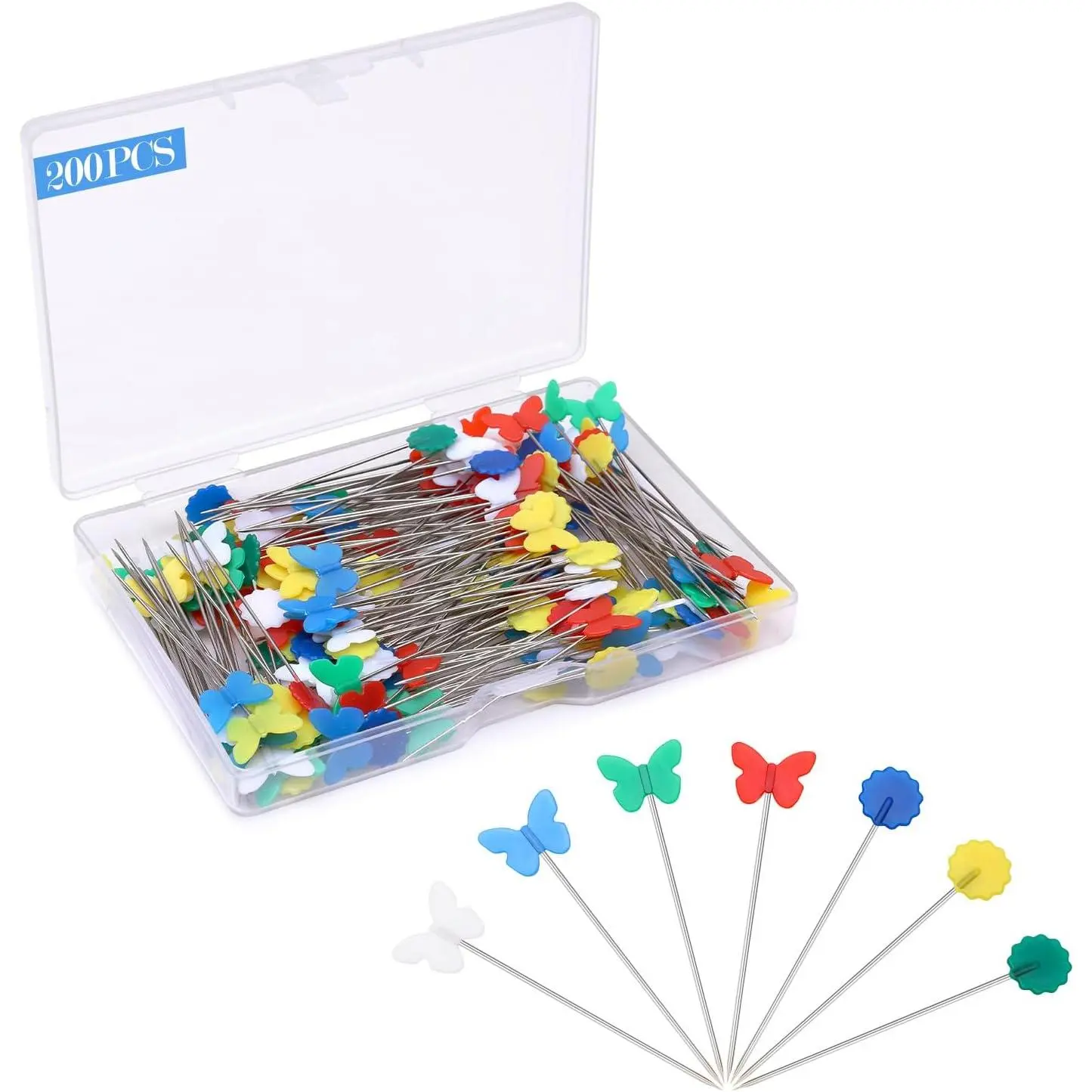 200 count Straight Flat  Sewing Pins with Colorful Butterfly and Flower , 2.16inch Quilting Pins for Crafts Making, Dressmaker, Sewing Fabric Project and DIY Decoration