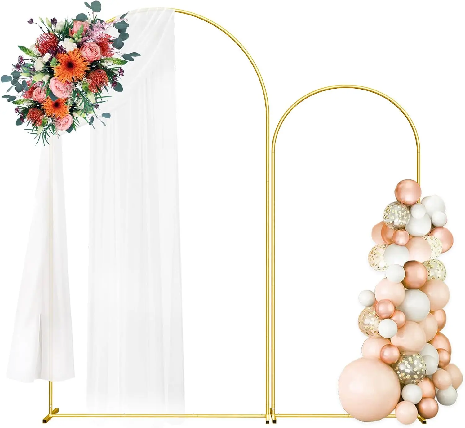 2-Pack Gold Metal Arch Backdrop Stand, 7.3FT & 6FT Easy-Assemble Stable Iron Frame, Reusable Flower Balloon Display Rack for Wedding, Outdoor Garden Party (Home & Festive Party Supplies)