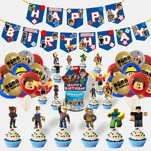 Roblox Sandbox Gaming-Themed Party Decoration Set: Banner & Balloons + Cake Toppers + Character Figures (Complete Collection)