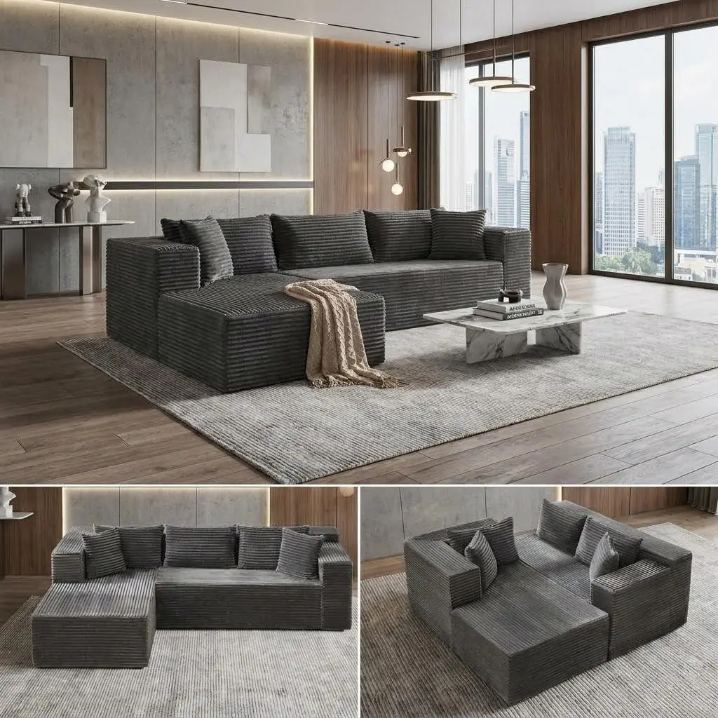 105.7" Left Chaise Full Compression Sofa, Oversized Cloud Couch Sectional with Ultra-Thick 25mm Corduroy Fabric, Boneless Modular Sofa Bed for Living Room, Small L Shaped Comfy Couch Set