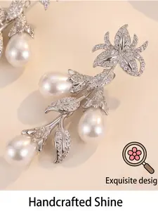 Women's Hypoallergenic Floral Leaf Rhinestone Pearl Dangle Earrings, Earrings Jewelry, Elegant Teardrop Pearl Drop Earrings for Wedding Bridal Event Evening Party Date Night Daily Office Wear, Ideal Gift for Girlfriend Wife on Valentine's Day Anniversary
