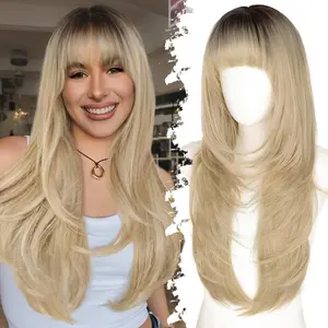 Long Blonde Wig with Bangs for Women Dark Root to Blonde Layered Hairstyle Synthetic Heat Resistant for Daily Party Use 26 inch