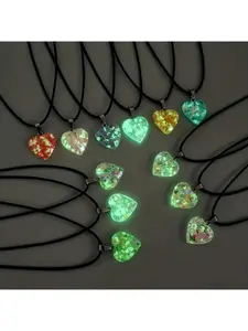 8 Piece Glow in the Dark Resin Heart Pendant Necklace Set with Fluorescent Beads and Black Leather Cord DIY Jewelry Making Supplies for Christmas Valentine's Day Gifts 8 Pendants 8 Chains Heart Style Choker