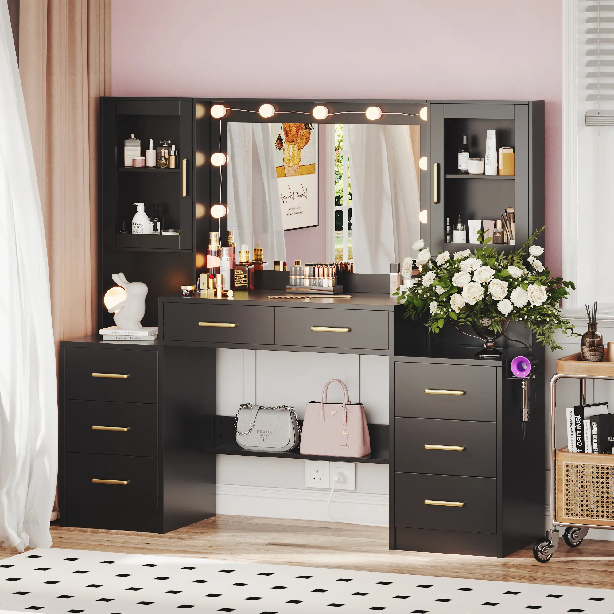 black dress with peter pan collar Buy Artiss Dressing Table Vanity Desk Set Stool 10 Led Bulbs Black Online main image 1