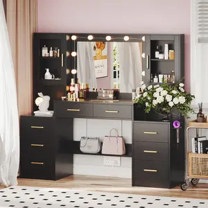 58.3”Vanity Desk with Mirror and Lights & Charging Station,Bedroom Dressing Table,Vanity Set,8 Drawers and 2 Cabinets,Makeup Vanity Table with Charging Station,Without Stool vanity  set corner vanity desk bedroom dressing room red  vanity,White,Black,Pink