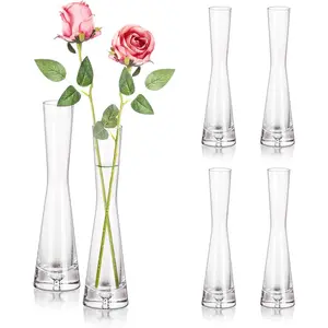 Glass Bud Vases for Centerpieces Set of 6,  Modern Clear Small Skinny Decorative Single Flower Vase, Minimalist Slim Floral Vase for  Wedding Party Events Table Decor, 7.87"
