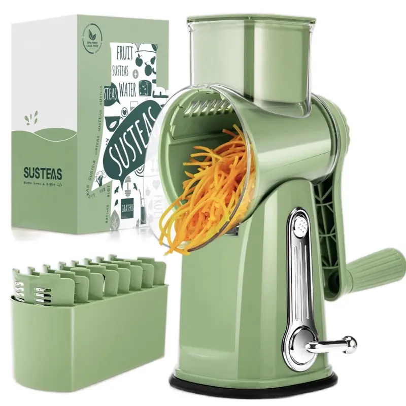 Susteas Rotary Cheese Grater with 12 Interchangeable Blades for Versatile Grating - Green Kitchen Tool for Cheese and Vegetables