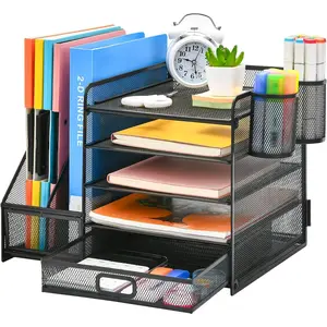 Desk Organizer with File Holder, 5-Tier Paper Letter Tray Organizer with Drawer and 2 Pen Holder, Mesh Desktop Organizer and Storage with Magazine Holder for Office Supplies(Black)